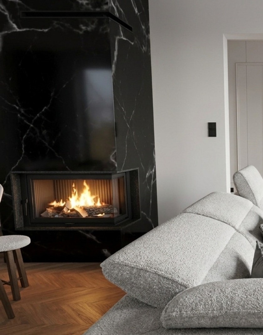 Realizacja studia Dream&Home — salon z kominkiem